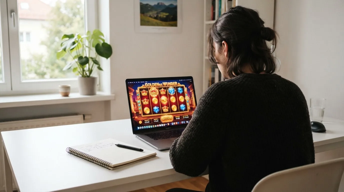 Person am Laptop liest eine Übersichtsseite zu Glücksspielen im Internet — 10 euro bonus ohne einzahlung casino