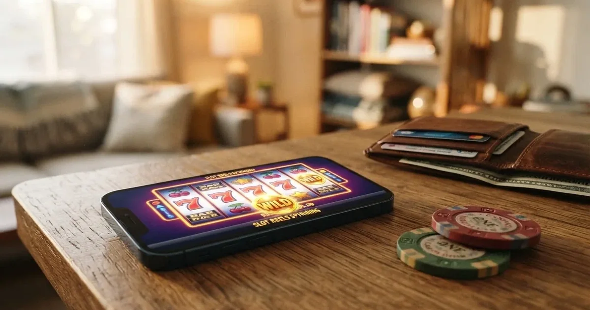 Kartenterminal und Smartphone auf einem Holztisch neben einer Geldbörse — 10 euro bonus ohne einzahlung casino