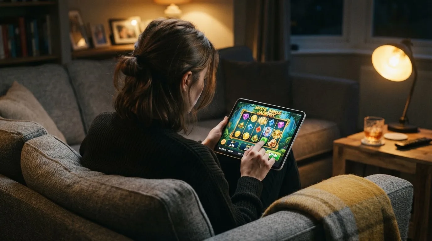 Person sitzt entspannt auf einem Sofa und blickt konzentriert auf ein Tablet in gedämpftem Wohnzimmerlicht am Abend.