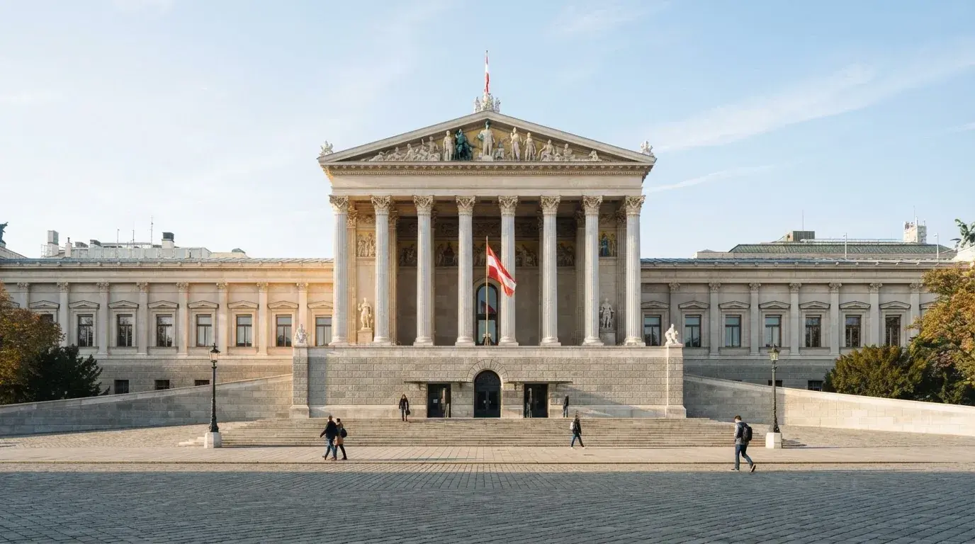 Fassade eines klassizistischen Wiener Amtsgebäudes mit österreichischer Flagge an einem klaren Nachmittag.