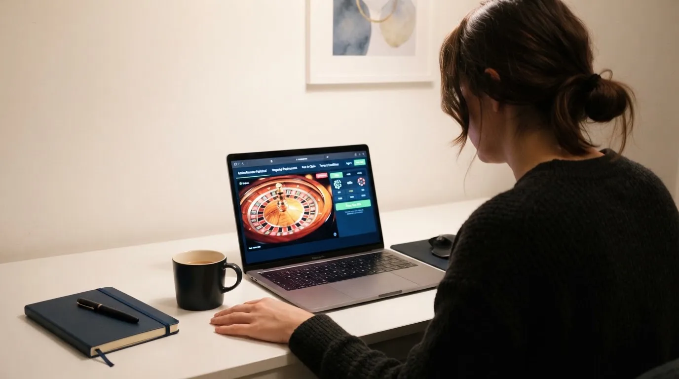 Person am Laptop liest eine Übersichtsseite zu Glücksspielen im Internet — 15 euro bonus ohne einzahlung casino