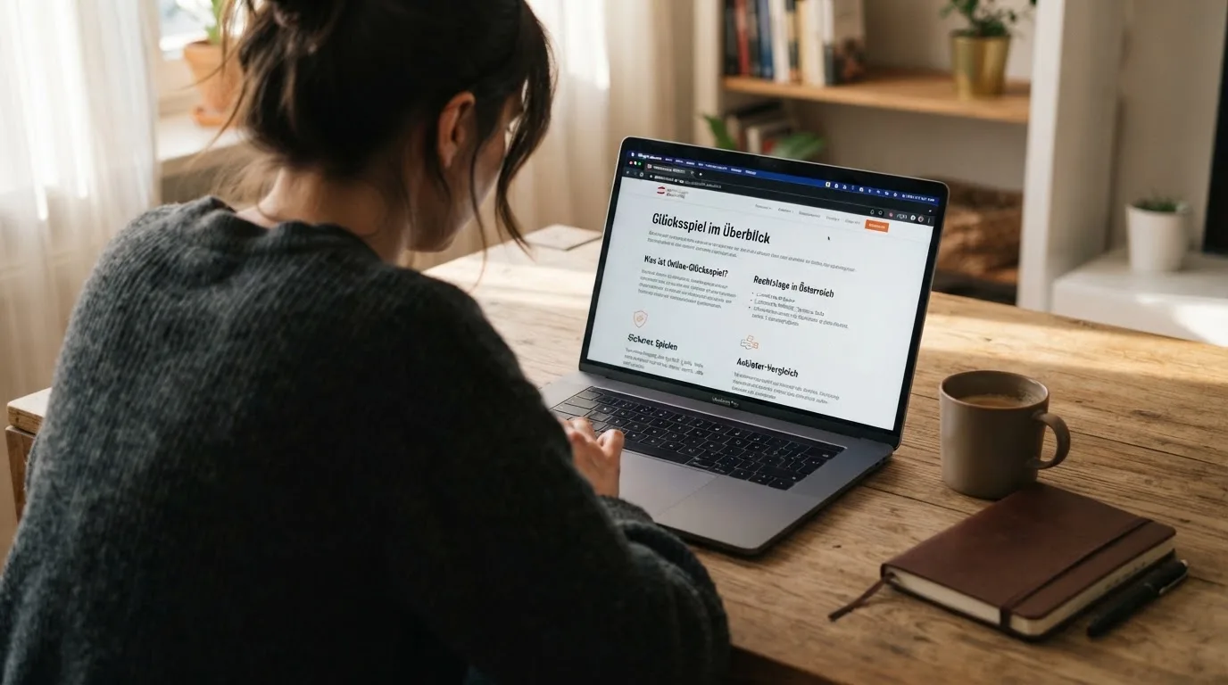 Person am Laptop liest eine Übersichtsseite zu Glücksspielen im Internet — 150 freispiele ohne einzahlung