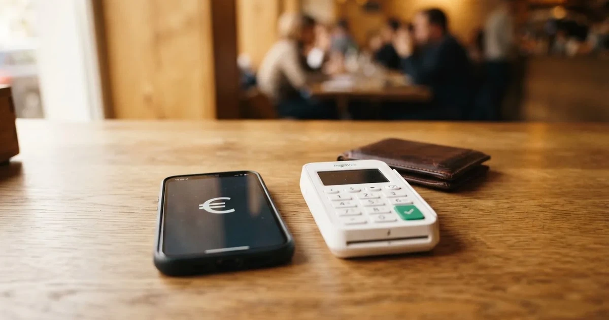 Kartenterminal und Smartphone auf einem Holztisch neben einer Geldbörse — 20 euro bonus ohne einzahlung casino