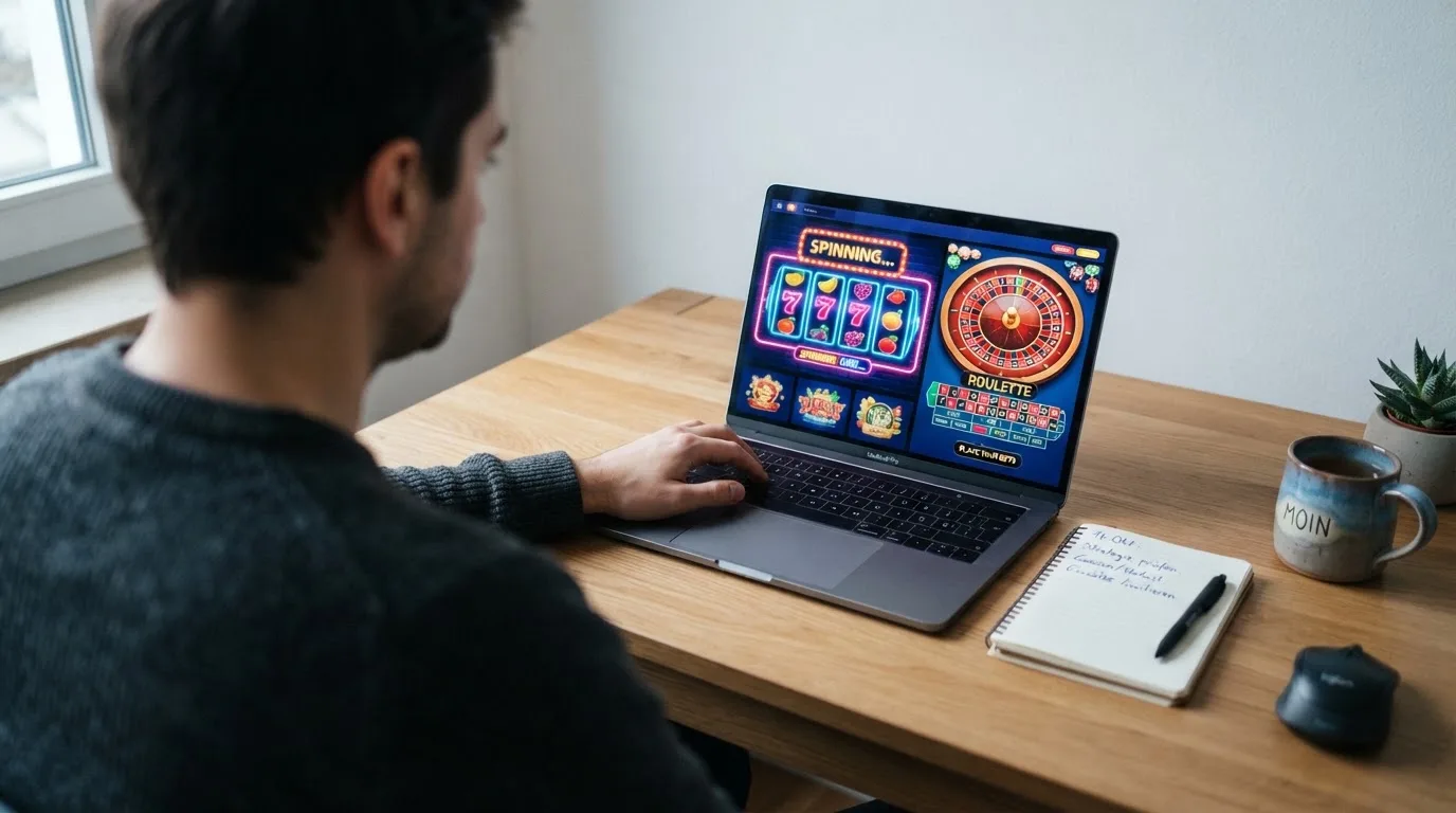 Person am Laptop liest eine Übersichtsseite zu Glücksspielen im Internet — 20 freispiele ohne einzahlung