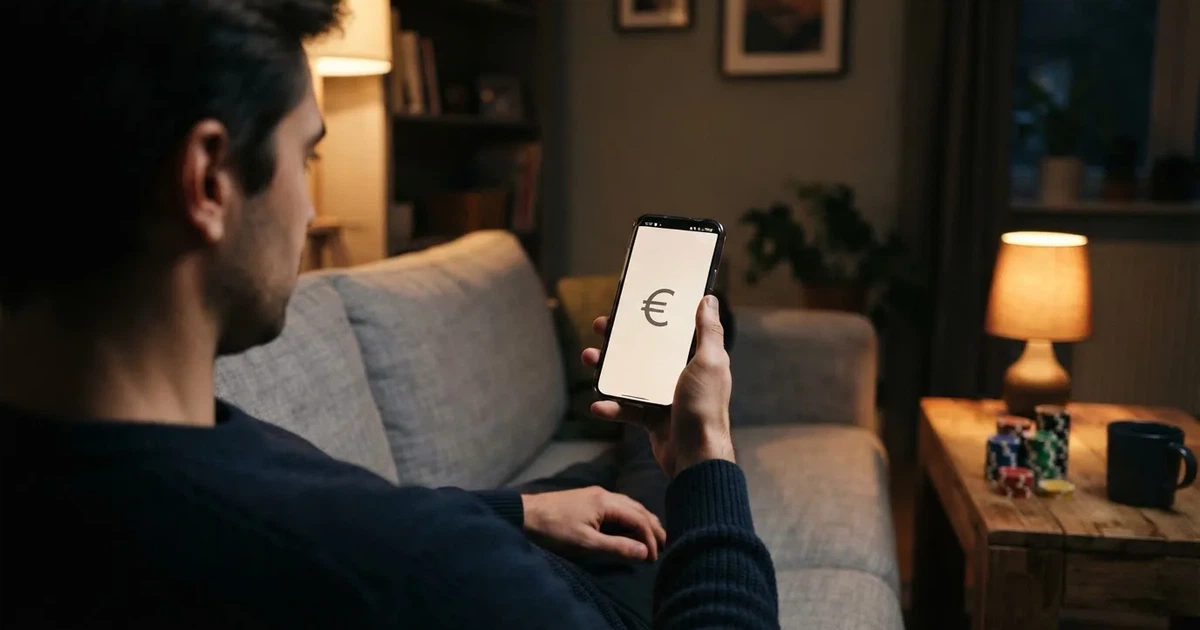 Person am Sofa schaut nachdenklich auf ein Tablet, im Hintergrund eine Uhr — 20 freispiele ohne einzahlung