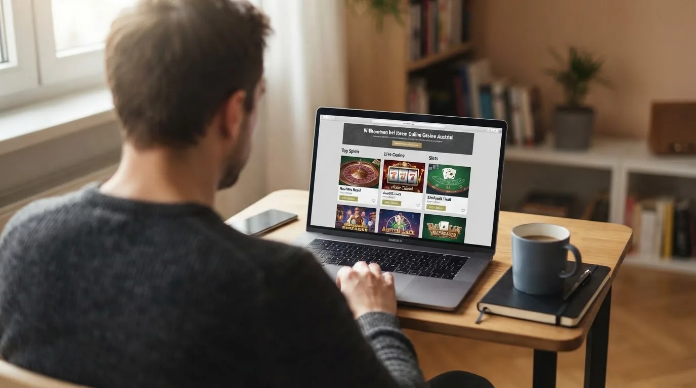 Person am Laptop liest eine Übersichtsseite zu Glücksspielen im Internet — 30 euro bonus ohne einzahlung casino