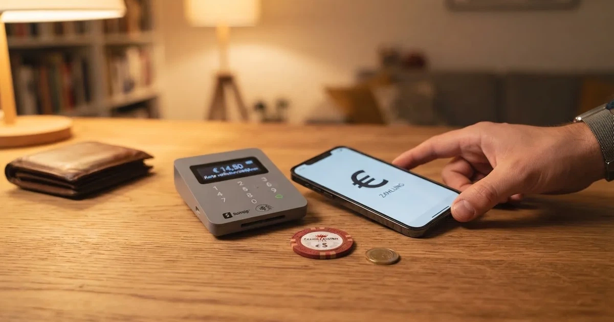 Kartenterminal und Smartphone auf einem Holztisch neben einer Geldbörse — 30 euro bonus ohne einzahlung casino