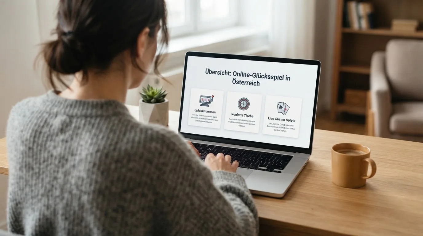Person am Laptop liest eine Übersichtsseite zu Glücksspielen im Internet — 40 euro bonus ohne einzahlung casino