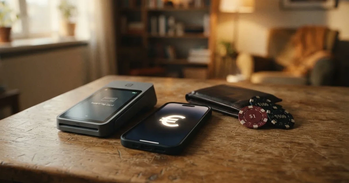 Kartenterminal und Smartphone auf einem Holztisch neben einer Geldbörse — 40 euro bonus ohne einzahlung casino