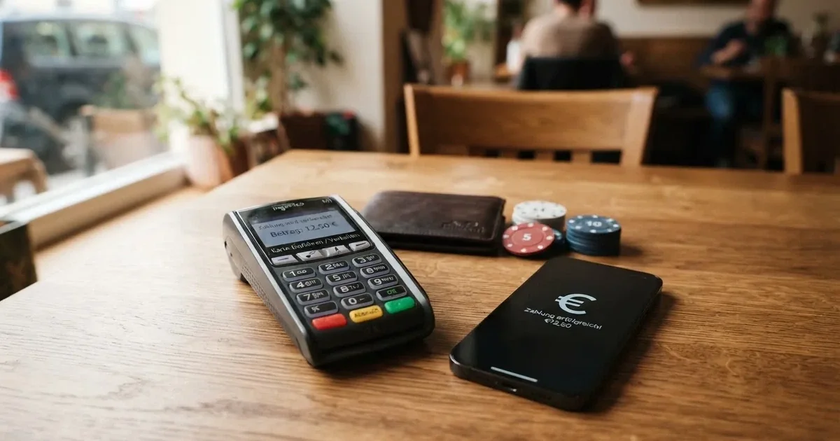 Kartenterminal und Smartphone auf einem Holztisch neben einer Geldbörse — 5 euro bonus ohne einzahlung casino