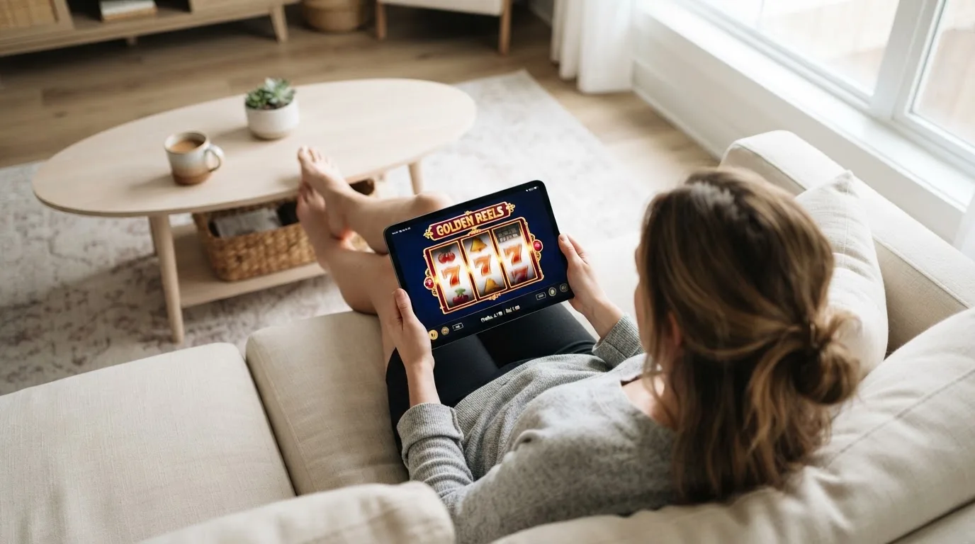 Person sitzt entspannt mit einem Tablet auf dem Schoß in einem hellen Wohnzimmer und blickt konzentriert auf den Bildschirm.
