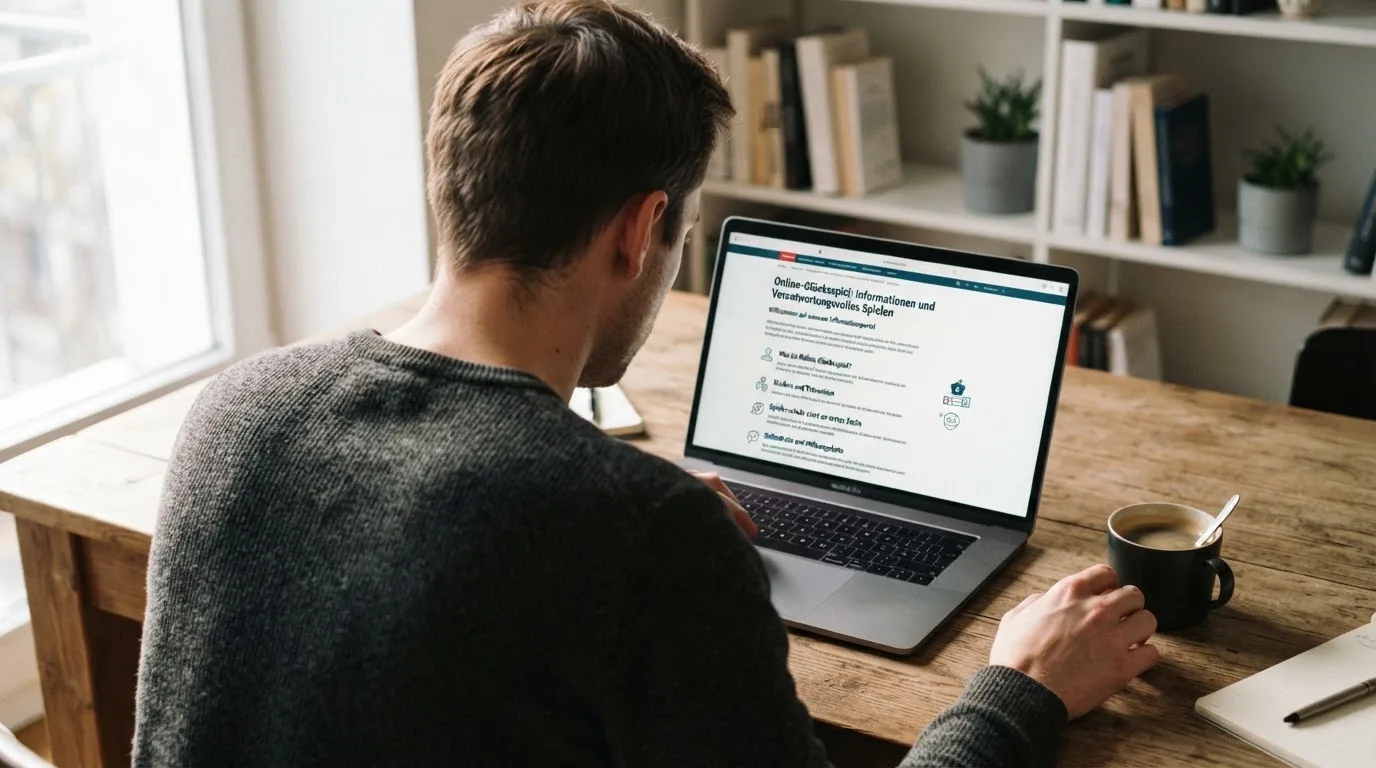 Person am Laptop liest eine Übersichtsseite zu Glücksspielen im Internet — aviator online casino