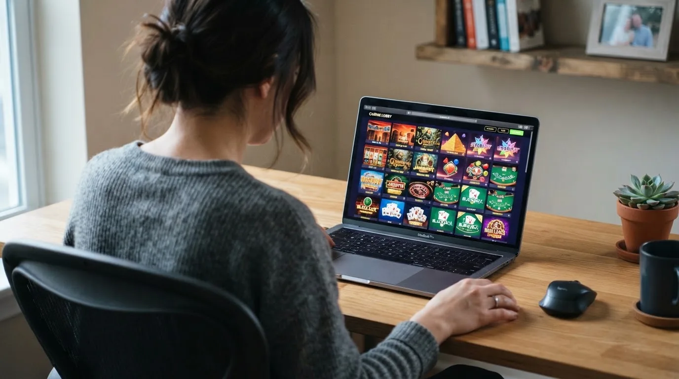 Person am Laptop liest eine Übersichtsseite zu Glücksspielen im Internet — best crypto casino österreich