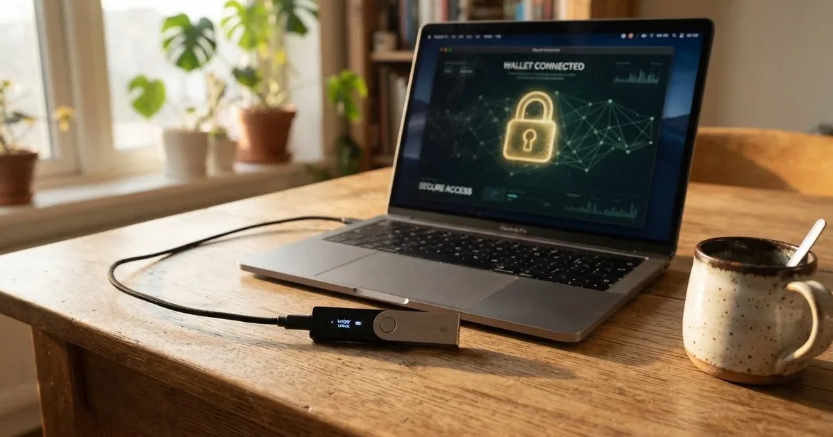 Hardware-Wallet und Laptop auf einem Schreibtisch mit stilisiertem digitalem Schloss — best crypto casino österreich