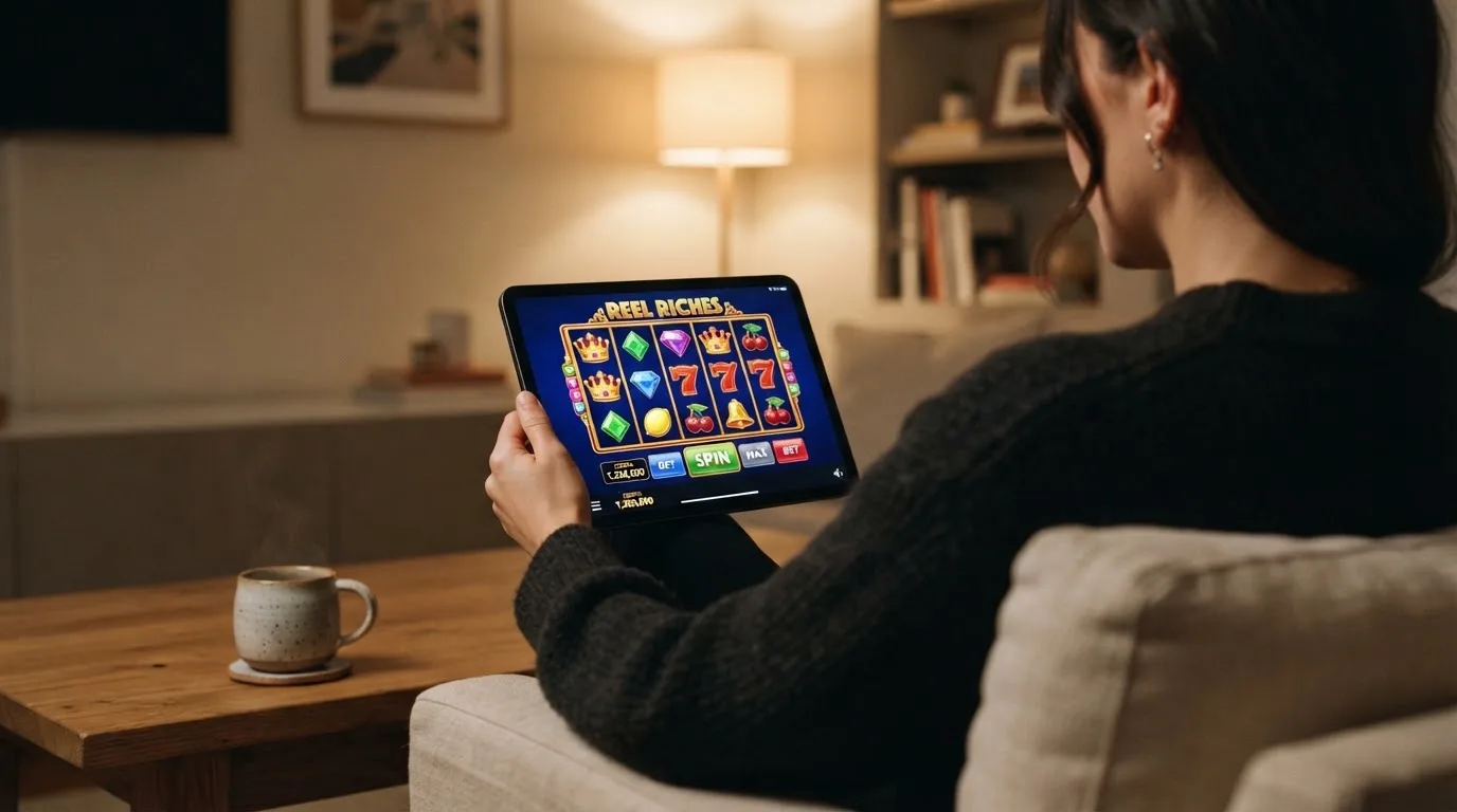 Person sitzt entspannt auf einem Sofa und blickt konzentriert auf ein Tablet in gedämpftem Wohnzimmerlicht am Abend.