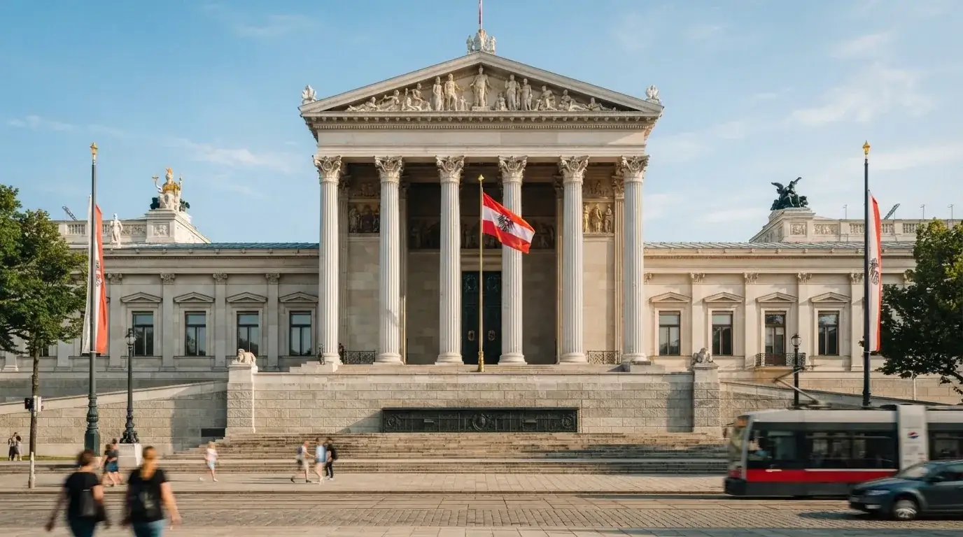 Fassade eines klassizistischen Wiener Amtsgebäudes mit österreichischer Flagge an einem klaren Nachmittag.