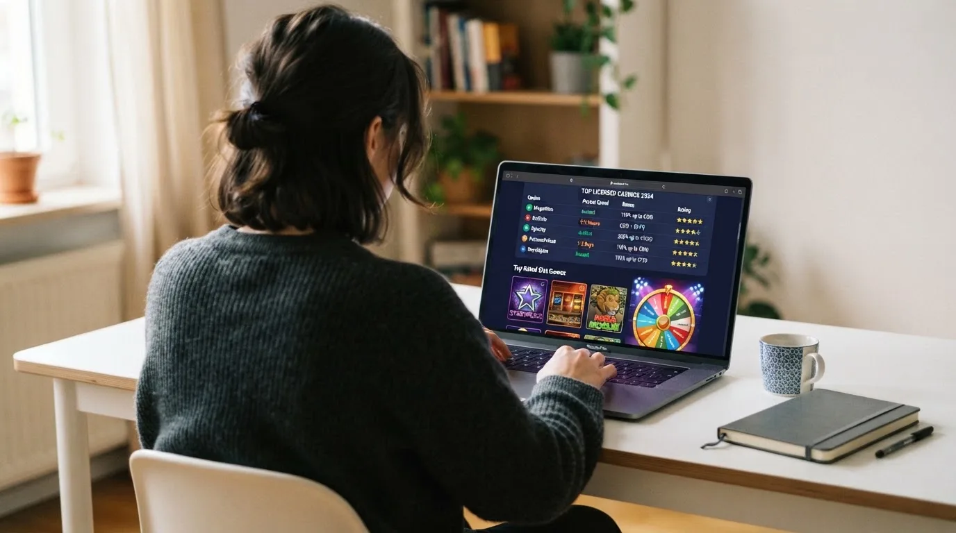 Person am Laptop liest eine Übersichtsseite zu Glücksspielen im Internet — beste casino mit schneller auszahlung