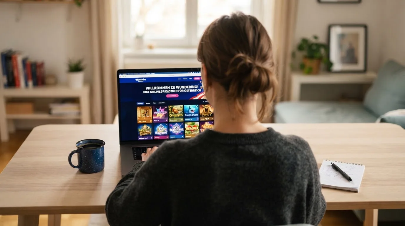 Person am Laptop liest eine Übersichtsseite zu Glücksspielen im Internet — beste casino ohne verifizierung auszahlen
