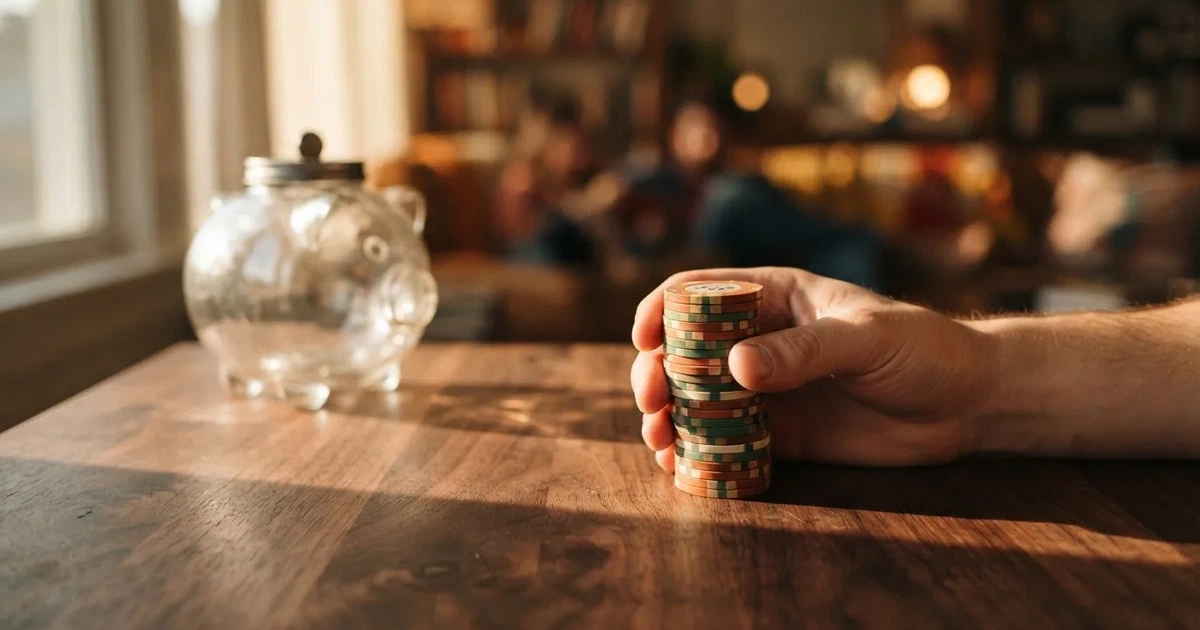 Nahaufnahme einer Hand, die Münzen in ein Sparschwein aus Glas auf einem Holztisch steckt.