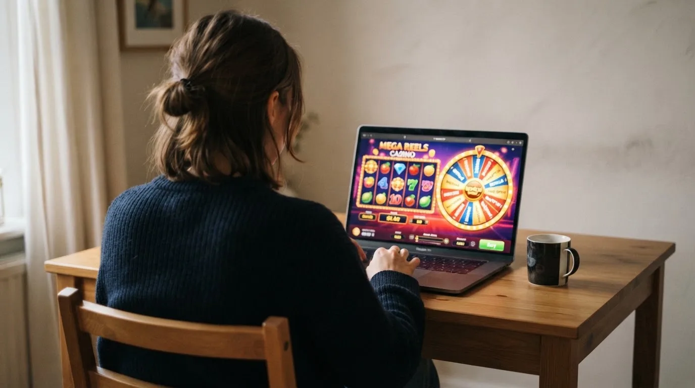 Person am Laptop liest eine Übersichtsseite zu Glücksspielen im Internet — beste craps online casinos österreich