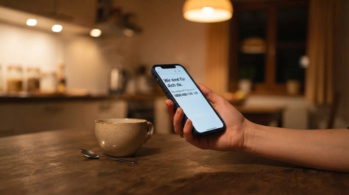 Hand hält ein Smartphone, daneben eine Tasse Tee, ruhige Abendstimmung am Küchentisch — beste online casino ausland