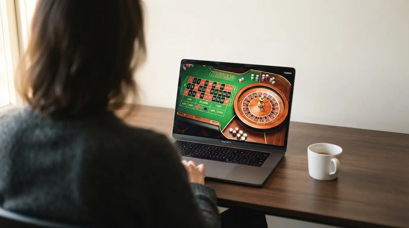 Person am Laptop liest eine Übersichtsseite zu Glücksspielen im Internet — beste online casino echtgeld app