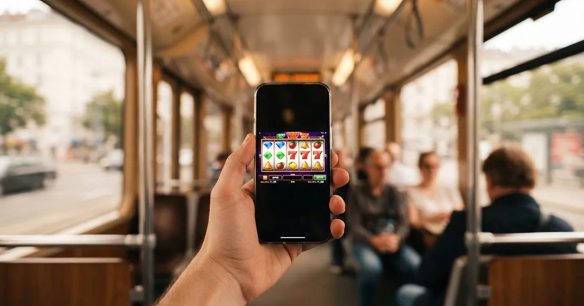 Smartphone in der Hand in einer Wiener Straßenbahn, ohne sichtbares Logo — beste online casino echtgeld app