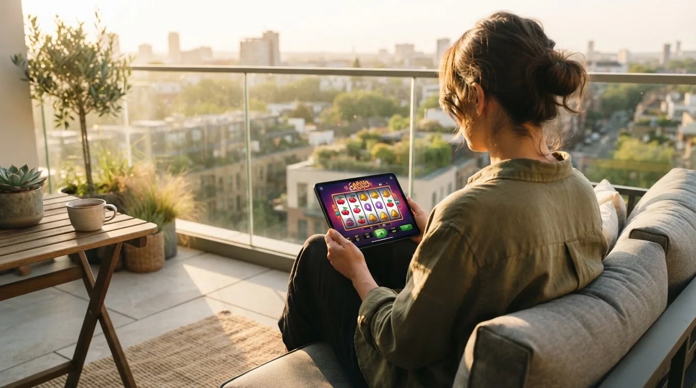 Person sitzt entspannt mit einem Tablet auf dem Balkon eines modernen Apartments.