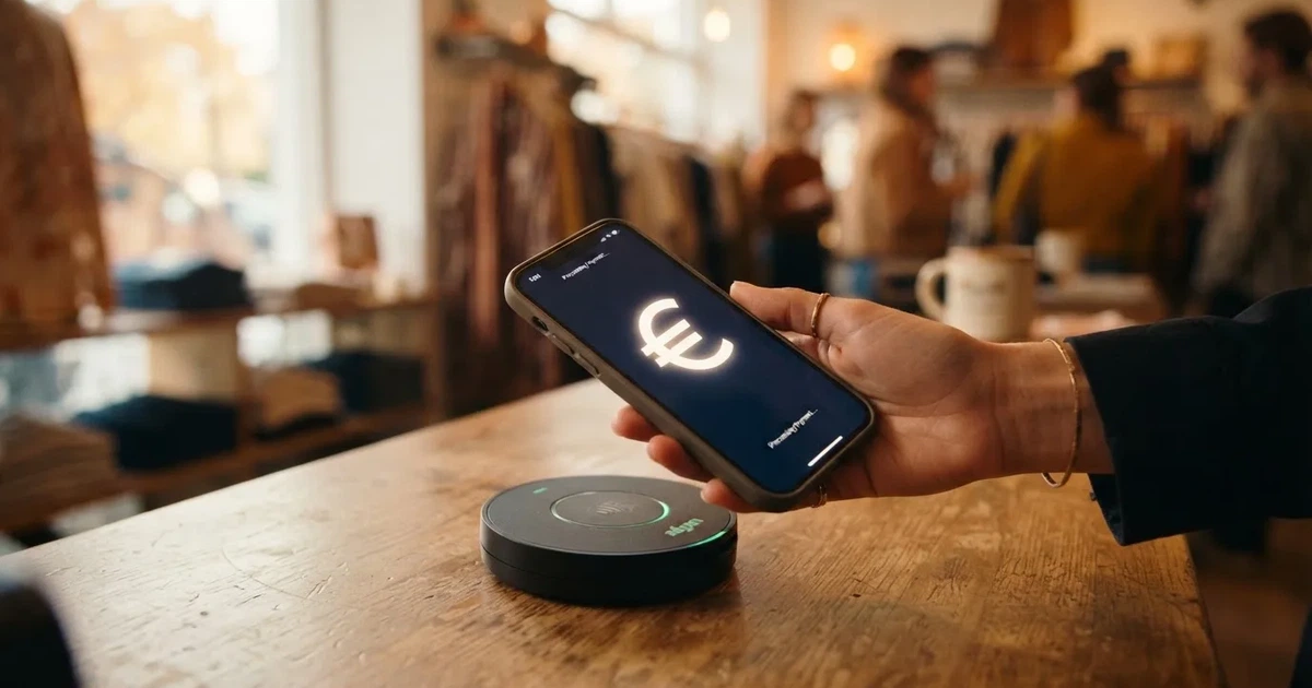 Nahaufnahme einer Hand, die ein Smartphone nahe an ein kontaktloses Zahlungsterminal in einem Geschäft hält.