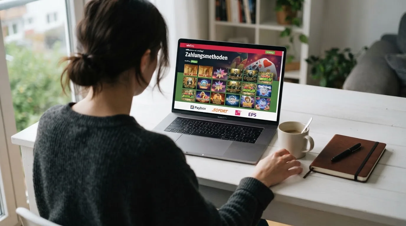 Person am Laptop liest eine Übersichtsseite zu Glücksspielen im Internet — beste online casino mit banküberweisung bezahlen