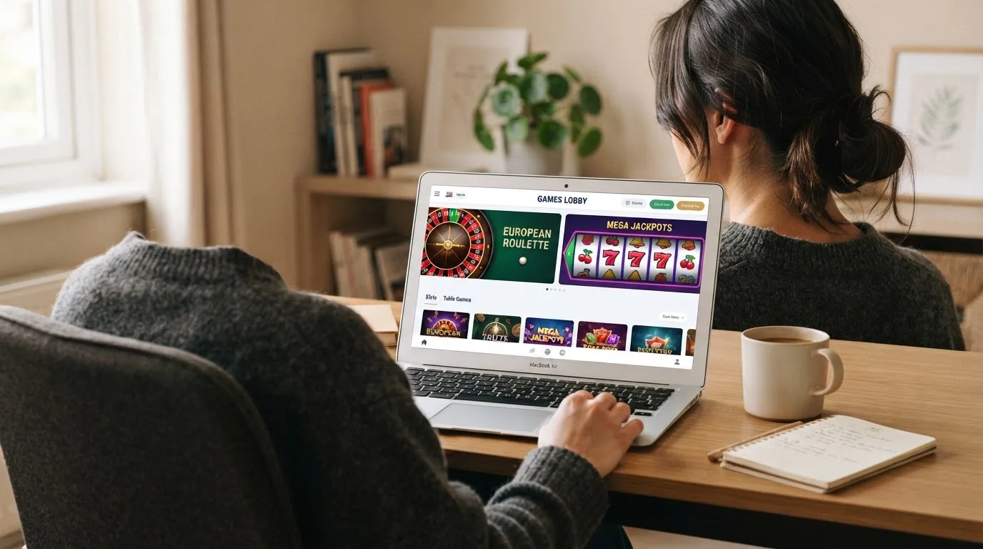 Person am Laptop liest eine Übersichtsseite zu Glücksspielen im Internet — beste online casino mit cashtocode bezahlen