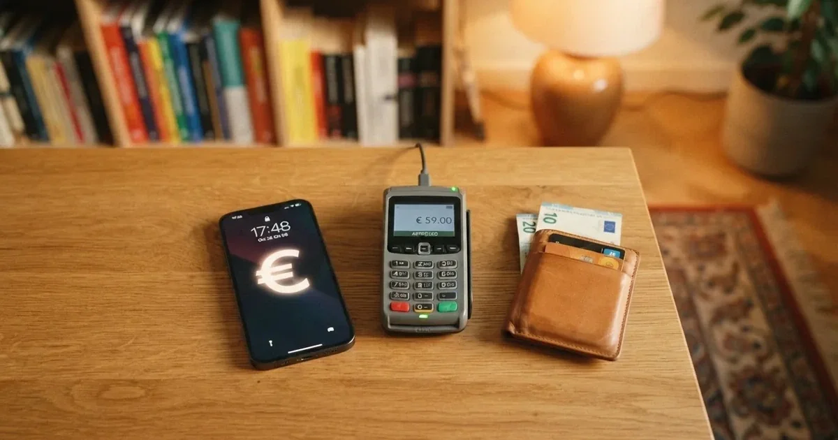 Kartenterminal und Smartphone auf einem Holztisch neben einer Geldbörse — beste online casino mit cashtocode bezahlen