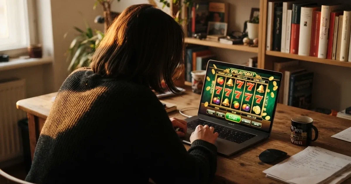Person am Laptop liest eine Übersichtsseite zu Glücksspielen im Internet — beste online casino österreich
