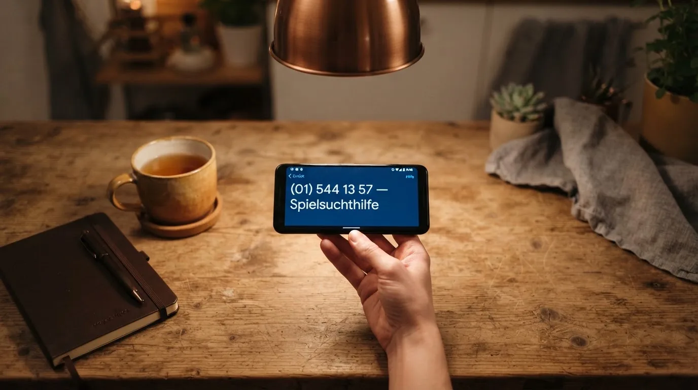 Hand hält ein Smartphone, daneben eine Tasse Tee, ruhige Abendstimmung am Küchentisch — beste online casino österreich