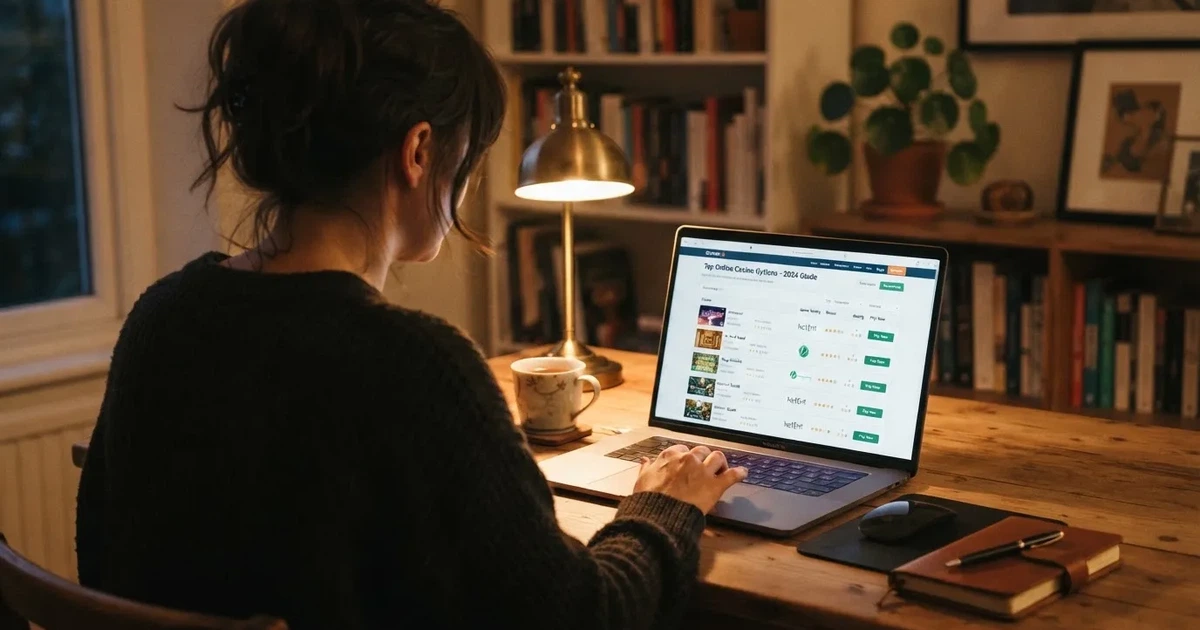 Person am Laptop liest eine Übersichtsseite zu Glücksspielen im Internet — beste online casinos echtgeld