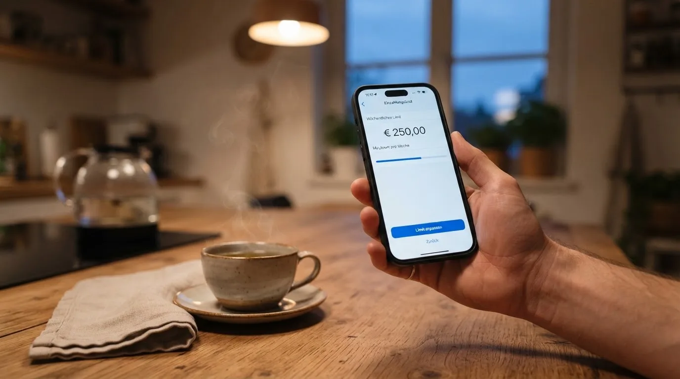 Hand hält ein Smartphone, daneben eine Tasse Tee, ruhige Abendstimmung am Küchentisch — beste online casinos echtgeld