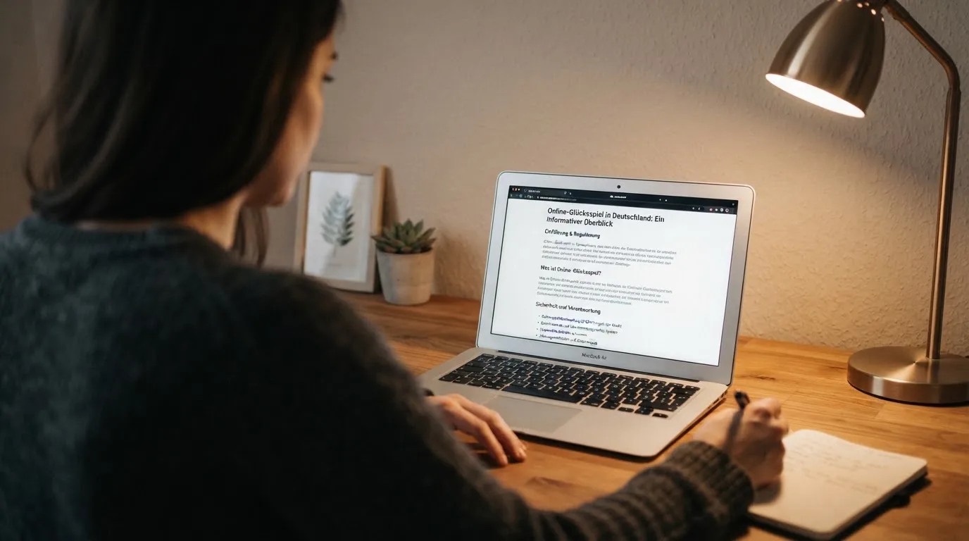 Person am Laptop liest eine Übersichtsseite zu Glücksspielen im Internet — beste online casinos mit österreichischer lizenz
