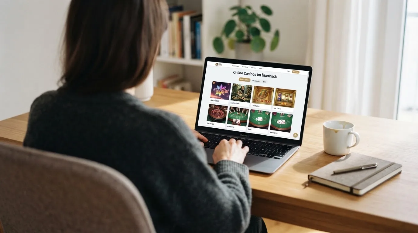 Person am Laptop liest eine Übersichtsseite zu Glücksspielen im Internet — beste online casinos österreich mit no deposit bonus