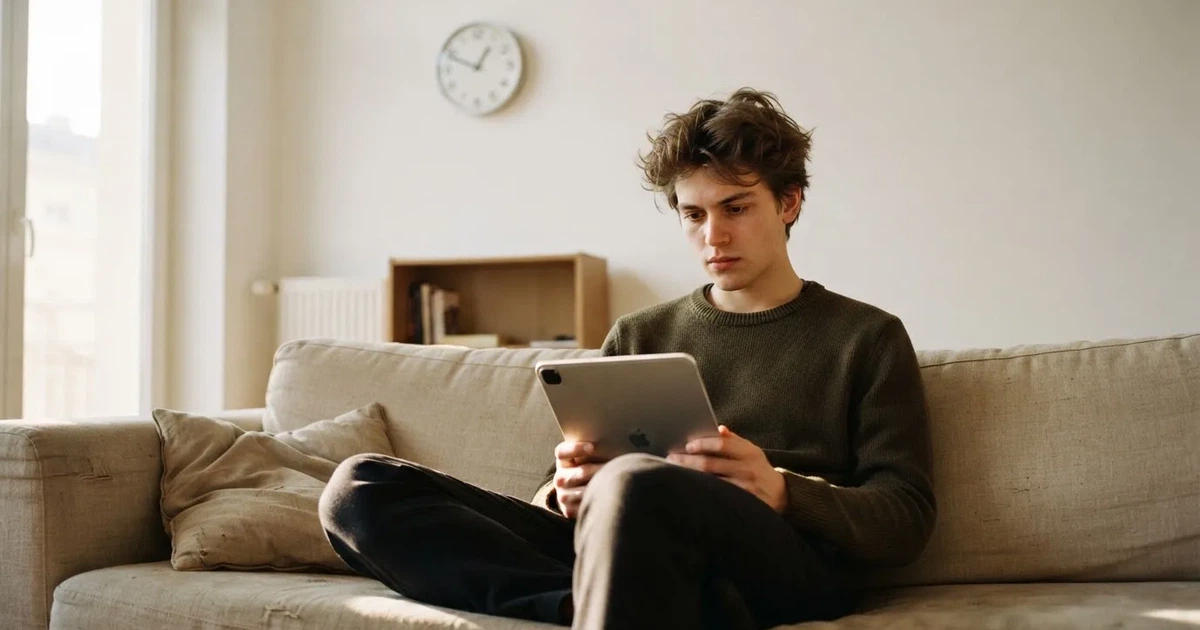 Person am Sofa schaut nachdenklich auf ein Tablet, im Hintergrund eine Uhr — beste online casinos österreich mit no deposit bonus
