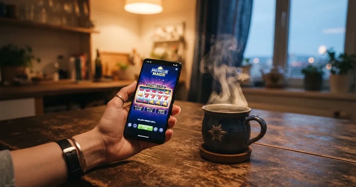 Hand hält ein Smartphone, daneben eine Tasse Tee, ruhige Abendstimmung am Küchentisch — beste online casinos ohne limit