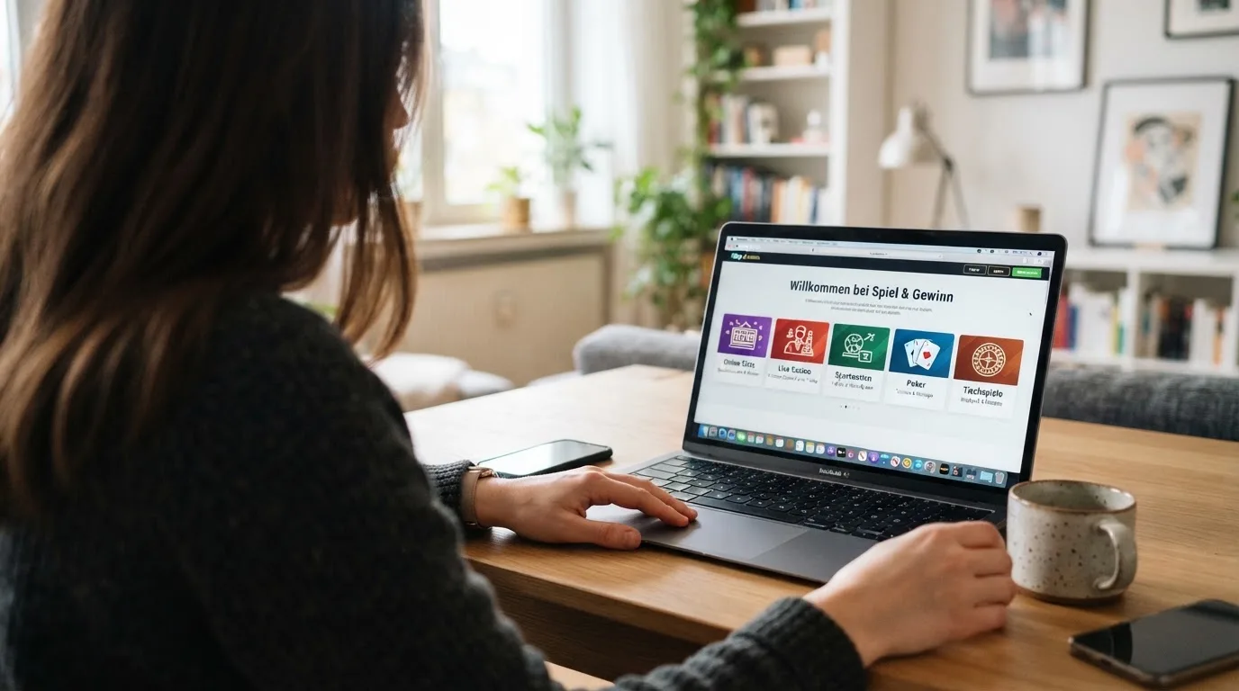 Person am Laptop liest eine Übersichtsseite zu Glücksspielen im Internet — beste online casinos ohne verifizierung