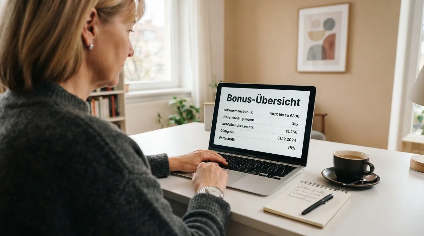 Person am Laptop liest eine Übersichtsseite zu Glücksspielen im Internet — bester willkommensbonus online casino