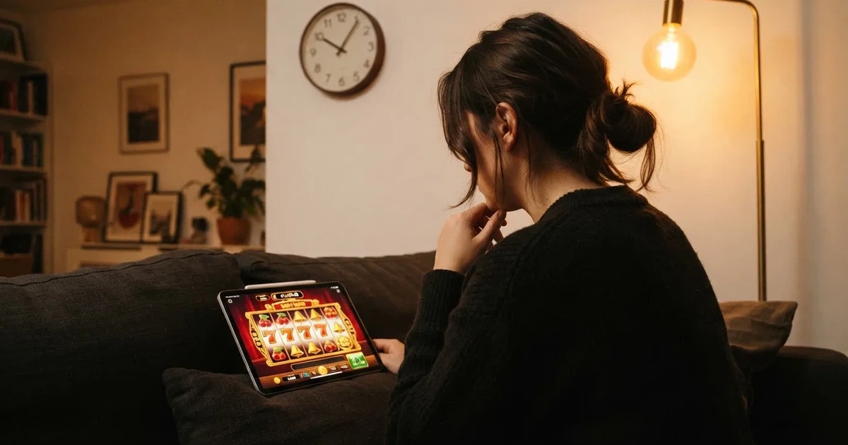 Person am Sofa schaut nachdenklich auf ein Tablet, im Hintergrund eine Uhr — bester willkommensbonus online casino