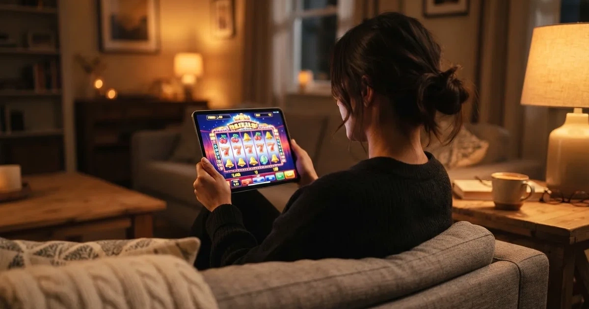 Person sitzt entspannt auf einem Sofa und blickt konzentriert auf ein Tablet in gedämpftem Wohnzimmerlicht am Abend.