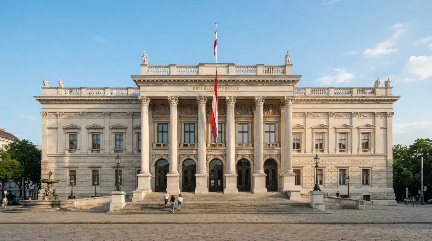 Fassade eines klassizistischen Wiener Amtsgebäudes mit österreichischer Flagge an einem klaren Nachmittag.