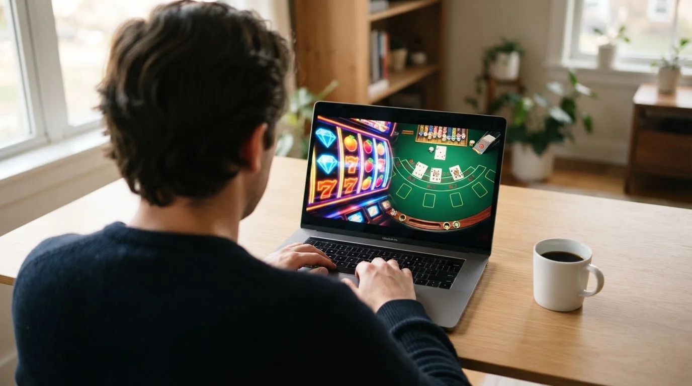 Person am Laptop liest eine Übersichtsseite zu Glücksspielen im Internet — bitcoin cash casino vergleich