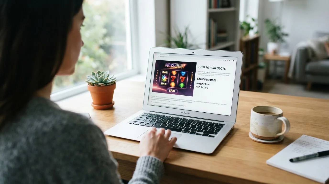 Person am Laptop liest eine Übersichtsseite zu Glücksspielen im Internet — casino bonus ohne einzahlung