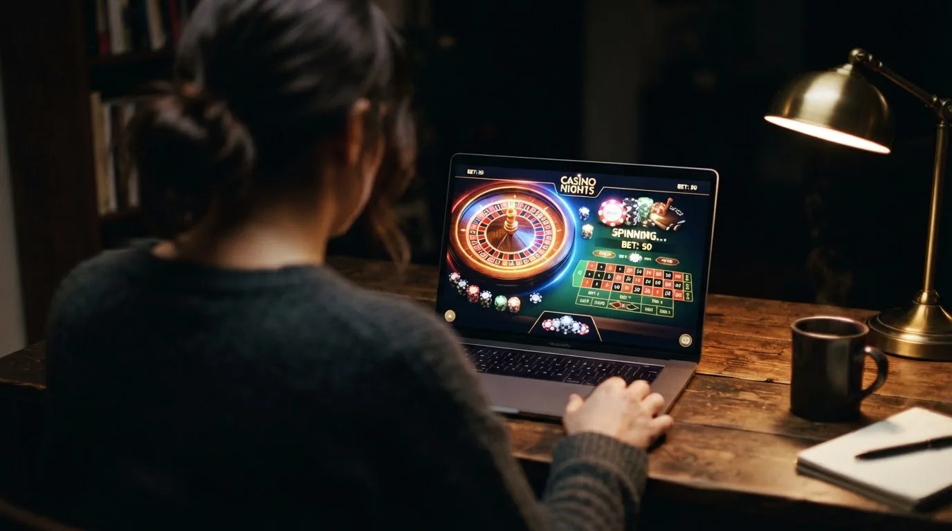 Person am Laptop liest eine Übersichtsseite zu Glücksspielen im Internet — casino mit hoher gewinnchance