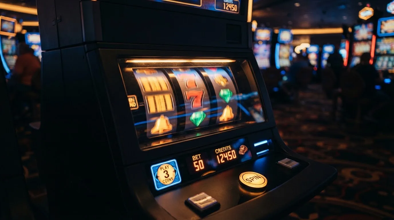 Nahaufnahme eines Spielautomaten mit bunten Walzen in einem dunklen Raum mit warmem Neonlicht.