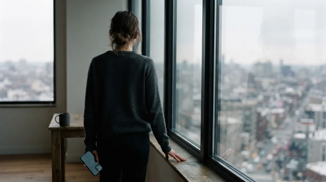 Eine Person legt ihr Smartphone beiseite und blickt nachdenklich aus einem Fenster.